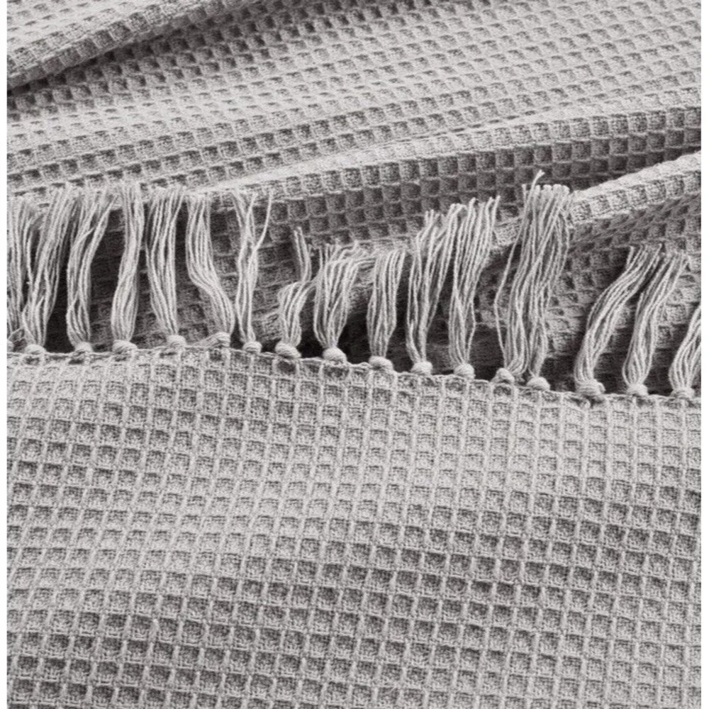 Waffle Cotton Knit Throw Light Gray‎ Full/Queen Blanket Tassel Fringe Boho NEW